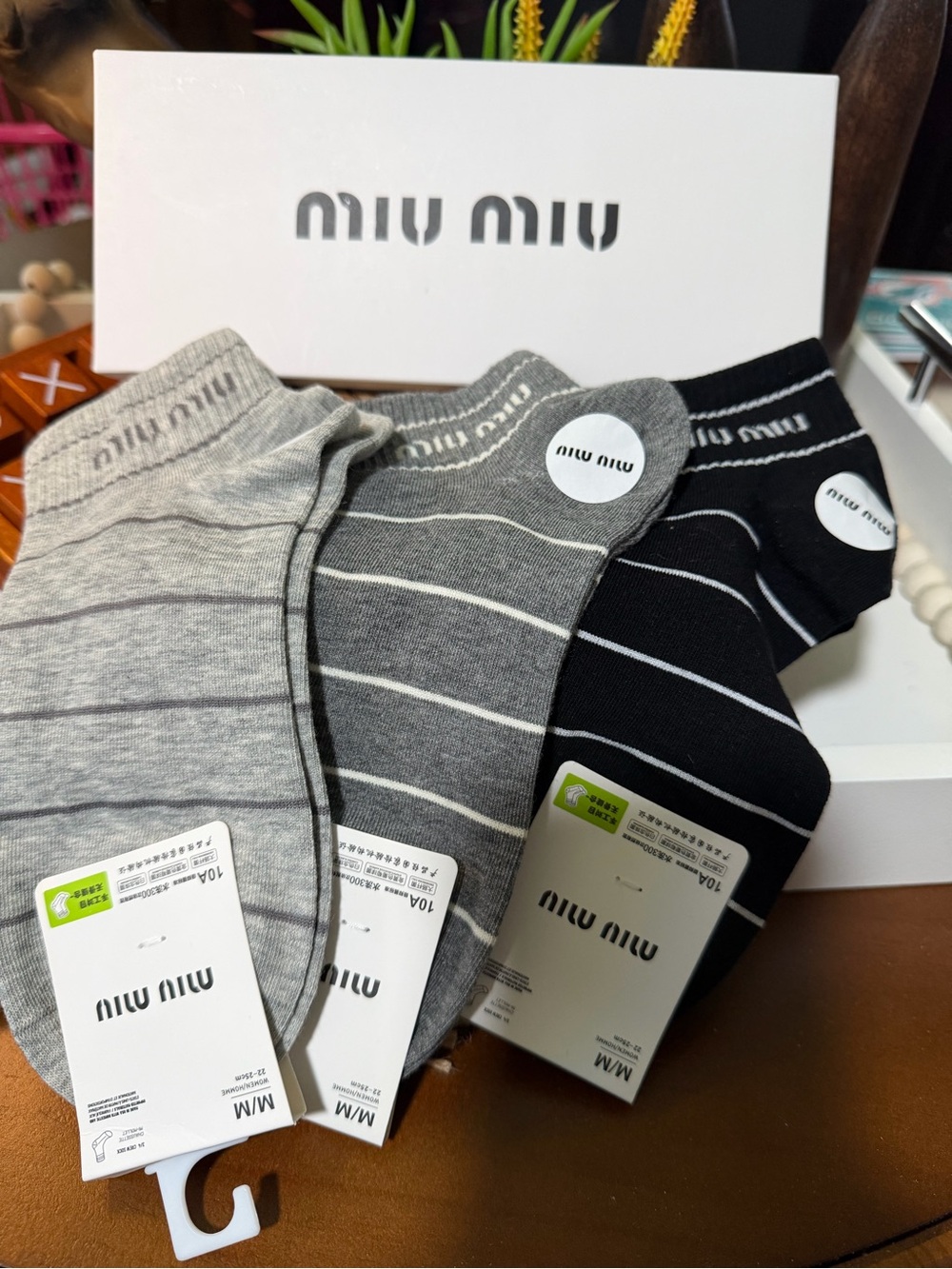 Miu Miu Striped Low-Cut Socks in Light Gray, Dark Gray & Black (3-Pack)